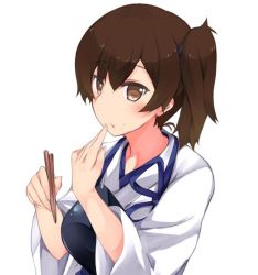 Rule 34 | 10s, 1girl, :t, armor, bad id, bad pixiv id, brown eyes, brown hair, chopsticks, eating, food, food on face, japanese clothes, kaga (kancolle), kantai collection, looking at viewer, muneate, plus9, rice, rice on face, side ponytail, solo