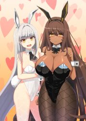 Rule 34 | 2girls, 777 (nikke), absurdres, animal ears, ascot, black ascot, black bow, black bowtie, black leotard, black pantyhose, blanc (nikke), bow, bowtie, breasts, brown hair, cleavage, closed mouth, commentary request, dark-skinned female, dark skin, detached collar, fake animal ears, fake tail, fang, fishnet pantyhose, fishnets, goddess of victory: nikke, hair intakes, heart, heart background, highres, large breasts, leotard, long hair, looking at viewer, marimo maru, medium breasts, multiple girls, noir (nikke), open mouth, pantyhose, playboy bunny, rabbit ears, rabbit tail, siblings, sisters, skin fang, smile, tail, very long hair, white hair, white leotard, wrist cuffs, yellow eyes