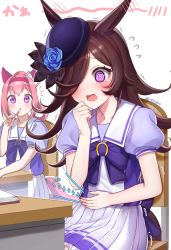 Rule 34 | 2girls, @ @, animal ears, blouse, blue bow, blue shirt, blush, bow, brown hair, chair, desk, ear blush, flying sweatdrops, hair over one eye, hand on own stomach, haru urara (umamusume), highres, holding, holding pencil, horse ears, horse girl, horse tail, hungry, long hair, multiple girls, on chair, open mouth, pencil, pink hair, pleated skirt, ponytail, puffy short sleeves, puffy sleeves, purple eyes, purple shirt, rice shower (umamusume), school chair, school desk, school uniform, shirt, short sleeves, simple background, sitting, skirt, solo focus, stomach growling, tail, tears, tracen school uniform, trembling, umamusume, wavy mouth, white background, white skirt, yayoi maka