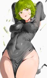 Rule 34 | 1girl, :p, absurdres, arms up, black dress, blush, breasts, closed mouth, commentary, covered erect nipples, covered navel, cowboy shot, curly hair, dress, from below, green eyes, green hair, grey background, highres, looking at viewer, medium breasts, odyssey 21, one-punch man, pelvic curtain, short hair, side slit, simple background, smirk, solo, symbol-only commentary, tatsumaki, taut clothes, taut dress, thighs, tongue, tongue out