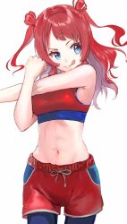 1girl :q abs armpits black_leggings blue_eyes blush breasts commentary_request dededecopon gakuen_idolmaster hanami_saki highres idolmaster leggings leggings_under_shorts long_hair medium_breasts navel red_hair red_shorts red_sports_bra shorts sideways_glance simple_background smile solo sports_bra stomach stretching tongue tongue_out two_side_up white_background