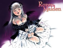 Rule 34 | 00s, 1girl, bare shoulders, breasts, cleavage, collarbone, copyright name, closed eyes, hairband, large breasts, lolita hairband, long hair, open mouth, rozen maiden, sitting, solo, suigintou, tears, toshi hiroshi, yokozuwari