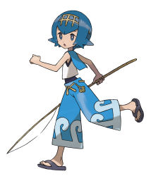 Rule 34 | 10s, 1girl, :o, absurdres, androgynous, baggy pants, blue hair, blue sailor collar, bright pupils, capri pants, creatures (company), feet, fishing rod, full body, game freak, highres, holding, lana (pokemon), looking at viewer, nintendo, official art, open mouth, pants, pokemon, pokemon sm, running, sailor collar, sandals, short hair, sleeveless, solo, sugimori ken, toes, trial captain