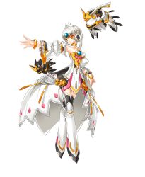 Rule 34 | 1girl, armor, armored boots, armpits, boots, bracelet, code: empress (elsword), collarbone, detached sleeves, dress, elsword, eve (elsword), full body, jewelry, official art, orange eyes, outstretched arm, ress, short hair, silver hair, solo, strapless, strapless dress, thigh boots, thighhighs, transparent background