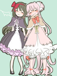 Rule 34 | 10s, 2girls, absurdly long hair, akemi homura, akuma homura, black hair, blush, bow, bowtie, capelet, closed eyes, dress, earrings, flats, full body, green background, hair bow, hairband, head tilt, high heels, holding hands, jewelry, kaname madoka, long hair, mahou shoujo madoka magica, mahou shoujo madoka magica: hangyaku no monogatari, multiple girls, nagachika, nail polish, pink hair, red bow, red bowtie, red hairband, scratches, simple background, smile, spoilers, standing, two side up, ultimate madoka, very long hair
