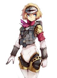 Rule 34 | 1girl, aegis (persona), android, armband, atlus, blonde hair, blue eyes, bow, cowboy shot, crack, damaged, joints, load bearing vest, persona, persona 3, robot joints, short hair, simple background, solo, white background, zako (arvinry)