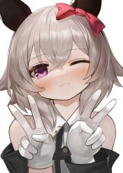 Rule 34 | 1girl, ;), animal ears, bare shoulders, black jacket, blush, bow, brown hair, closed mouth, collared dress, curren chan (umamusume), dokomon, double v, dress, ear bow, gloves, hair between eyes, hands up, head tilt, highres, horse ears, jacket, long sleeves, looking at viewer, off-shoulder jacket, off shoulder, one eye closed, purple eyes, red bow, simple background, sleeveless, sleeveless dress, smile, solo, striped clothes, striped dress, umamusume, upper body, v, vertical-striped clothes, vertical-striped dress, white background, white gloves