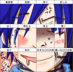 Rule 34 | 1boy, anger vein, bad id, bad pixiv id, blue hair, blue scarf, blush, chart, expressions, headset, heart, just as planned (meme), kaito (vocaloid), male focus, meme, portrait, sabuibo maru, saliva, scarf, solo, sweat, tears, translated, vocaloid