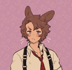 Rule 34 | 1boy, animal ears, brown hair, chest harness, closed mouth, collared shirt, harness, heathcliff (project moon), limbus company, male focus, necktie, pink background, project moon, purple eyes, rabbit ears, red necktie, shirt, simple background, solo, uchimura (rino0525), upper body, white shirt