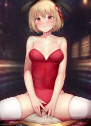 Rule 34 | 1girl, alternate costume, animal ears, bare arms, bare shoulders, blonde hair, blurry, blurry background, blush, breasts, collarbone, female focus, grin, hair ribbon, highres, kimoshi, leotard, looking at viewer, lycoris recoil, medium breasts, nishikigi chisato, one side up, parted lips, playboy bunny, rabbit ears, red eyes, red leotard, red ribbon, ribbon, short hair, sitting, skindentation, smile, solo, spread legs, strapless, strapless leotard, sweat, thighhighs, thighs, white thighhighs