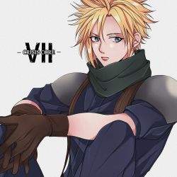 Rule 34 | 1boy, aged down, armor, blonde hair, blue eyes, blue pants, blue shirt, brown gloves, cloud strife, copyright name, crisis core final fantasy vii, earrings, final fantasy, final fantasy vii, gloves, green scarf, hair between eyes, jewelry, looking to the side, male focus, own hands together, pants, scarf, shinra infantry uniform, shirt, short hair, short sleeves, shoulder armor, single earring, sitting, solo, spiked hair, square enix, suspenders, upper body, y skk