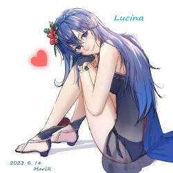 Rule 34 | 1girl, absurdres, bikini, blue bikini, blue eyes, blue footwear, blue hair, breasts, cape, character name, closed mouth, dated, eva02asuka0608, fire emblem, fire emblem awakening, fire emblem heroes, flower, full body, hair between eyes, hair flower, hair ornament, heart, high heels, highres, long hair, looking at viewer, lucina (fire emblem), lucina (summer) (fire emblem), nintendo, official alternate costume, see-through, sitting, small breasts, smile, solo, swimsuit, white background