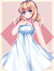 Rule 34 | 1girl, arm at side, artist name, bare arms, bare shoulders, blonde hair, blue eyes, blue ribbon, blush, border, closed mouth, collarbone, commission, cowboy shot, dress, eyelashes, hand on own chest, highres, long hair, looking at viewer, original, outline, ribbon, sasucchi95, sleeveless, sleeveless dress, smile, solo, standing, sundress, two-tone background, white dress, white outline, yellow border