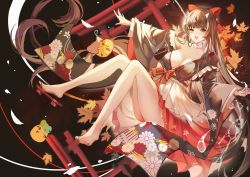 Rule 34 | 1girl, absurdres, autumn leaves, azur lane, bare legs, barefoot, bow, breasts, brown hair, cleavage, collar, collarbone, detached collar, falling feathers, falling leaves, falling petals, feathers, feet, geta, hair bow, highres, horns, japanese clothes, kimono, large breasts, leaf, long hair, long sleeves, looking at viewer, manjuu (azur lane), official alternate costume, open mouth, orange eyes, petals, red bow, sakawa (azur lane), sakawa (the colors of love) (azur lane), smile, solo, thighs, toes, torii, very long hair, white collar, wide sleeves, xiongshouji