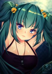 Rule 34 | 1girl, :&lt;, absurdres, aqua hair, armpits, arms up, artist name, bell, blue eyes, blurry, blurry background, blush, breasts, cleavage, closed mouth, commission, cui yifei, expressionless, hair bell, hair ornament, highres, jewelry, jingle bell, lips, long hair, looking at viewer, medium breasts, murmoruno, muv-luv, necklace, pendant, sleeveless, solo, tsurime, twintails