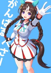Rule 34 | 1girl, animal ears, arm up, beret, blue background, braid, breasts, commentary request, gloves, hat, highres, hokko tarumae (umamusume), horse ears, horse girl, horse tail, long braid, long hair, looking at viewer, medium breasts, musan (mu34mi), open mouth, ribbon, simple background, solo, tail, translation request, twin braids, umamusume