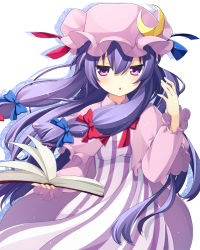 Rule 34 | 1girl, book, chestnut mouth, colorized, crescent, dyumo (moffri), hair ribbon, hat, highres, long hair, looking at viewer, open mouth, patchouli knowledge, purple eyes, purple hair, ribbon, solo, touhou, yuntea
