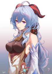 Rule 34 | 1girl, absurdres, ahoge, bare shoulders, bell, blue hair, bodystocking, breasts, closed mouth, detached sleeves, flower knot, ganyu (genshin impact), genshin impact, gradient background, highres, horns, kawausoman, lipstick, long hair, long sleeves, looking at viewer, makeup, medium breasts, neck bell, purple eyes, red ribbon, ribbon, signature, smile, solo, upper body, very long hair, vision (genshin impact)