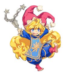 Rule 34 | 1girl, ahoge, arlmuffin, arms up, blonde hair, blue eyes, charlotte (seiken densetsu 3), commentary, curly hair, flail, full body, hat, holding, holding weapon, jester cap, leg up, long hair, long sleeves, open mouth, pom pom (clothes), red footwear, red hat, seiken densetsu, seiken densetsu 3, smile, solo, sun symbol, tabard, transparent background, weapon