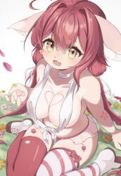 Rule 34 | 1girl, absurdres, ahoge, animal ear fluff, animal ears, asymmetrical legwear, bikini, bikini bottom only, bow, breasts, brown eyes, choker, commentary, falling petals, fang, flower, fox ears, fox girl, furry, furry female, grass, highres, large breasts, low twintails, mismatched legwear, navel, open mouth, original, petals, purple bow, purple hair, shoes, sitting, skin fang, solo, striped clothes, striped thighhighs, swimsuit, symbol-only commentary, thigh gap, thighhighs, twintails, unya282, wariza, white choker