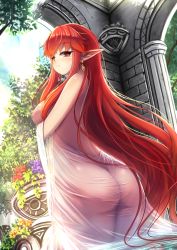 Rule 34 | 1girl, ass, bad id, bad pixiv id, blush, breasts, day, ear piercing, flower, highres, ichina (osabakitina), large breasts, long hair, looking at viewer, looking back, nipples, nude, original, outdoors, piercing, pointy ears, red eyes, red hair, see-through, solo, very long hair, wading, water