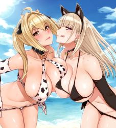 Rule 34 | 2girls, ahoge, animal ears, animal print, bare shoulders, beach, bell, belt collar, bikini, bikini pull, black bikini, black gloves, blonde hair, blunt bangs, blush, borrowed character, breast press, breasts, cat ears, cleavage, clothes pull, cloud, cocq taichou, collar, collarbone, commentary request, covered erect nipples, cow horns, cow print, cowboy shot, day, ear piercing, earrings, elbow gloves, facing viewer, fake animal ears, gloves, hair intakes, heart, heart earrings, hip focus, horns, jewelry, large breasts, leaning forward, lens flare, licking lips, long hair, looking at viewer, looking to the side, multiple girls, nakamura misaki, navel, neck bell, o-ring, o-ring top, ocean, original, outdoors, panties, panty pull, piercing, pink eyes, pulling own clothes, saaya (kirome), sky, smile, standing, sunlight, sweat, sweatdrop, swimsuit, symmetrical docking, tongue, tongue out, underboob, underwear, undressing, virtual youtuber, white bikini, white gloves, yellow eyes