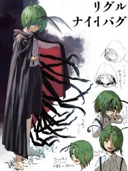 1girl antennae arthropod_girl arthropod_limbs barefoot black_cape blue_eyes cape commission grass green_eyes green_hair hair_over_one_eye highres hood iroiro_yaru_hito long_sleeves looking_at_viewer pixiv_commission red_cape shirt short_hair shorts solo suspenders touhou translation_request two-tone_cape wriggle_nightbug