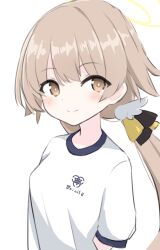 Rule 34 | 1girl, alternate costume, blue archive, brown eyes, brown hair, gym shirt, gym uniform, halo, hifumi (blue archive), highres, le xue, looking at viewer, shirt, simple background, solo, twintails, white background, white shirt