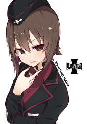 Rule 34 | 10s, 1girl, arm grab, black hat, black jacket, brown eyes, brown hair, character name, commentary, dress shirt, emblem, frown, garrison cap, girls und panzer, hand on own throat, hat, highres, jacket, kuromorimine (emblem), kuromorimine military uniform, long sleeves, looking at viewer, military, military hat, military uniform, nishizumi maho, open mouth, red shirt, shirt, short hair, simple background, solo, throat microphone, uniform, upper body, white background, wing collar, yunekoko