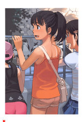 3girls bag baseball_cap bird black_eyes black_hair blouse from_behind hair_ornament hairclip hat highres multiple_girls open_mouth penguin ponytail shirt skirt sleeveless takamichi tan tanline