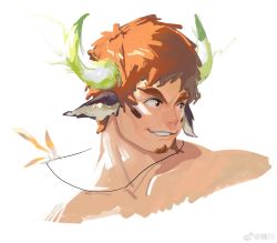 Rule 34 | 1boy, animal ears, bara, brown eyes, brown hair, cow boy, cow ears, cow horns, cropped shoulders, dichuan (arriverw), facial hair, feather necklace, fiery horns, forked eyebrows, glowing horns, goatee, highres, horns, looking to the side, male focus, short hair, sketch, smile, solo, thick eyebrows, tokyo houkago summoners, wakan tanka, white background