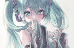 Rule 34 | 1girl, aqua eyes, aqua hair, aqua nails, aqua necktie, bare shoulders, black sleeves, commentary, detached sleeves, grey shirt, hair ornament, hand to own mouth, hatsune miku, headphones, highres, holding, holding own hair, long hair, looking at viewer, making-of available, marutani, nail polish, necktie, shirt, sidelighting, sleeveless, sleeveless shirt, solo, twintails, upper body, very long hair, vocaloid