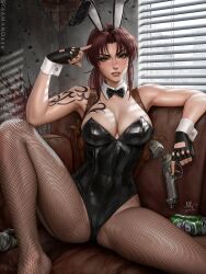 Rule 34 | 1girl, 2024, animal ears, arm tattoo, artist name, bare shoulders, beer can, beretta 92, black bow, black bowtie, black gloves, black lagoon, black leotard, blood, blood splatter, bow, bowtie, breasts, brown eyes, brown hair, bullet hole, can, commentary, couch, detached collar, drink can, english commentary, fake animal ears, finger to head, fingerless gloves, fishnet pantyhose, fishnets, foot out of frame, gloves, gun, hand up, handgun, heineken, highleg, highleg leotard, highres, holding, holding gun, holding weapon, holster, index finger raised, indoors, knee up, large breasts, legs, leotard, long hair, looking at viewer, no shoes, on couch, pantyhose, parted lips, playboy bunny, rabbit ears, revy (black lagoon), sciamano240, shoulder holster, signature, sitting, solo, spread legs, strapless, strapless leotard, tattoo, teeth, traditional bowtie, trigger discipline, v-shaped eyebrows, weapon, white wrist cuffs, window, window blinds, wrist cuffs