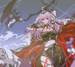 Rule 34 | absurdres, alternate costume, black skirt, blood, blood on leg, bracer, breasts, cleavage, cloud, crop top, eyebrows hidden by hair, highres, holding, holding scythe, hololive, hololive english, large breasts, long hair, looking at viewer, mori calliope, navel, parted lips, pink hair, red eyes, scythe, set7, skirt, skull, sky, smile, solo, thorns, tiara, veil, veins, virtual youtuber