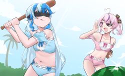 2girls :d :q absurdres ahoge armpit_crease baseball_bat bikini blindfold blue_hair blush breasts eyepatch food fruit glint hair_down heart heart_ahoge highres holding holding_baseball_bat light_rays long_hair maria_marionette medium_hair momojii_e multicolored_hair multiple_girls navel nijisanji nijisanji_en off-shoulder_bikini off_shoulder open_mouth pink_hair side_ponytail small_breasts smile streaked_hair suikawari sunbeam sunlight swimsuit tongue tongue_out twisty_amanozako very_long_hair virtual_youtuber watermelon