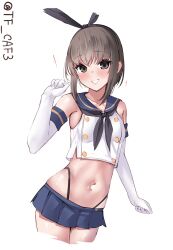Rule 34 | 1girl, alternate costume, black hairband, black neckerchief, black panties, blue sailor collar, blue skirt, blush, brown eyes, brown hair, cosplay, cowboy shot, crop top, elbow gloves, flat chest, gloves, hairband, headband, highleg, highleg panties, highres, kantai collection, looking at viewer, microskirt, navel, neckerchief, panties, sailor collar, shimakaze (kancolle), shimakaze (kancolle) (cosplay), short hair, skirt, smile, solo, striped clothes, striped thighhighs, taihou (kancolle), tf cafe, thighhighs, thong, twitter username, underwear, white background, white gloves