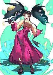 Rule 34 | 1girl, black footwear, black gloves, black hair, black legwear, blush, bow, breasts, clenched hand, creatures (company), fangs, full body, game freak, gen 3 pokemon, geta, gloves, hakama, hakama skirt, highres, japanese clothes, kimono, large breasts, long hair, long sleeves, mawile, mega mawile, mega pokemon, nintendo, open mouth, personification, pink bow, pink hakama, pokemon, pokemon oras, purple eyes, rahato, round teeth, shadow, sidelocks, skirt, solo, standing, tabi, teeth, twintails, upper teeth only, v-shaped eyebrows, wide sleeves, yellow kimono