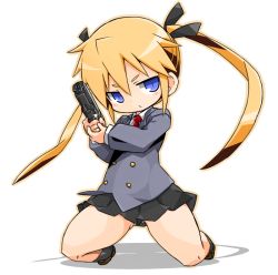 Rule 34 | 1girl, blonde hair, blue eyes, chibi, closed mouth, gun, hair ribbon, karukan (monjya), kill me baby, long hair, looking at viewer, necktie, ribbon, school uniform, simple background, skirt, solo, sonya (kill me baby), twintails, weapon, white background