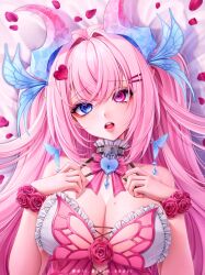 Rule 34 | 1girl, absurdres, blue eyes, blue horns, breasts, butterfly hair ornament, canaria (vtuber), cleavage, collar, demon girl, demon horns, earrings, flower, gradient horns, hair ornament, hairclip, hands on own chest, heart, heart-shaped lock, heart-shaped pupils, heterochromia, highres, horns, indie virtual youtuber, jewelry, large breasts, metal collar, mole, mole on breast, multicolored horns, open mouth, pink eyes, pink flower, pink hair, pink horns, pink petals, pink rose, pointy ears, rose, second-party source, solo, symbol-shaped pupils, teeth, twitter username, upper body, upper teeth only, virtual youtuber, wijwitchangel