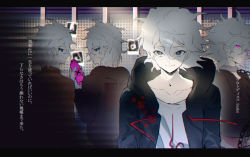 Rule 34 | 4boys, black jacket, brown jacket, chain, chained, collar, collarbone, commentary request, curly hair, danganronpa (series), danganronpa 2: goodbye despair, danganronpa 3 (anime), danganronpa another episode: ultra despair girls, green jacket, grey hair, hair between eyes, highres, holding, hood, hooded jacket, jacket, komaeda nagito, letterboxed, long sleeves, looking at viewer, male focus, messy hair, metal collar, multiple boys, multiple persona, open clothes, open jacket, pink eyes, print shirt, servant (danganronpa), shirt, short hair, smile, translation request, tuteurfars shin, upper body, white hair