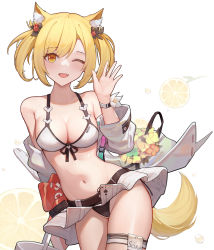 Rule 34 | 1girl, ;d, absurdres, animal ear fluff, animal ears, arknights, bare shoulders, bikini, bikini skirt, blonde hair, blush, breasts, cleavage, cowboy shot, groin, hand up, highres, jacket, jean.organ, long sleeves, looking at viewer, miniskirt, official alternate costume, one eye closed, open clothes, open jacket, open mouth, short hair, simple background, skirt, smile, solo, sora (arknights), sora (summer flowers) (arknights), standing, swimsuit, tail, thigh strap, thighs, twintails, white background, white bikini, white jacket, white skirt, wolf ears, wolf tail, yellow eyes