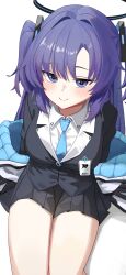 Rule 34 | 1girl, absurdres, black gloves, black skirt, blue archive, blue necktie, blush, breasts, closed mouth, collared shirt, cowboy shot, formal, gloves, halo, highres, jacket, large breasts, long hair, long sleeves, looking at viewer, mcbox, mechanical halo, necktie, pleated skirt, purple eyes, purple hair, shirt, simple background, skirt, smile, solo, suit, two-sided fabric, two-sided jacket, two side up, white background, white jacket, white shirt, yuuka (blue archive)