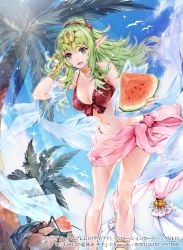 Rule 34 | 1girl, animal, bikini, bird, blue sky, breasts, cleavage, cloud, collar, commentary request, company connection, copyright name, day, fire emblem, fire emblem awakening, fire emblem cipher, food, fruit, green eyes, green hair, holding, itou misei, jewelry, long hair, looking at viewer, medium breasts, navel, nintendo, official art, outdoors, palm leaf, palm tree, pointy ears, sky, solo, sparkle, swimsuit, tiara, tiki (adult) (fire emblem), tiki (adult) (summer) (fire emblem), tiki (fire emblem), tree