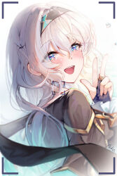 Rule 34 | 1girl, :d, black cape, black hairband, black jacket, blue eyes, blue pupils, blush, bridal gauntlets, cape, commentary, crying, crying with eyes open, fingernails, firefly (honkai: star rail), from side, gradient eyes, grey hair, hair between eyes, hair intakes, hairband, hand up, highres, honkai: star rail, honkai (series), jacket, long hair, looking at viewer, multicolored eyes, open mouth, pink eyes, pistachiocream, sidelocks, signature, smile, solo, teardrop, tears, teeth, upper body, upper teeth only, viewfinder, w