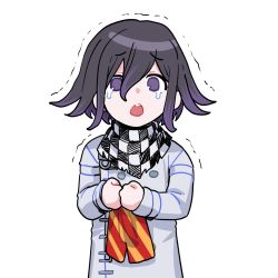 Rule 34 | 1boy, black hair, black scarf, buttons, checkered clothes, checkered scarf, chikin ohayo, danganronpa (series), danganronpa v3: killing harmony, double-breasted, grey background, grey jacket, grey scarf, hair between eyes, highres, holding, jacket, long sleeves, male focus, male underwear, multicolored hair, open mouth, orange male underwear, oma kokichi, purple hair, red male underwear, scarf, short hair, simple background, striped male underwear, tears, teeth, trembling, two-tone hair, underwear, upper body, upper teeth only