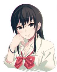 Rule 34 | 1girl, 40hara, :&gt;, black eyes, black hair, bow, bracelet, hand on own cheek, hand on own face, jewelry, long hair, looking at viewer, original, red bow, ribbon, shirt, simple background, smile, solo, upper body, white background, white shirt