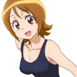 Rule 34 | 10s, 1girl, breasts, brown eyes, brown hair, eyelashes, happinesscharge precure!, looking at viewer, medium breasts, oimanji, one-piece swimsuit, oomori yuuko, open mouth, precure, short hair, simple background, smile, solo, swimsuit, white background