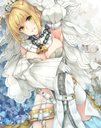 Rule 34 | 10s, 1girl, arm up, armpits, bare shoulders, belt, breasts, chain, cleavage, detached sleeves, fate/extra, fate/extra ccc, fate (series), flower, gloves, green eyes, hair flower, hair intakes, hair ornament, highres, lock, nero claudius (bride) (fate), nero claudius (bride) (second ascension) (fate), nero claudius (fate), nero claudius (fate) (all), padlock, rinarisa, sitting, smile, solo, veil, wreath, zipper