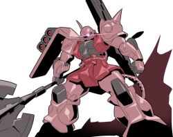 Rule 34 | axe, clenched hands, glowing, glowing eye, gundam, holding, holding axe, king of unlucky, looking to the side, mecha, mobile suit gundam, no humans, one-eyed, oobari masami (style), parody, pink eyes, robot, solo, style parody, white background, zaku ii s char custom, zeon