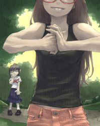 Rule 34 | 2girls, behind another, black-framed eyewear, black footwear, black tank top, blue skirt, brown hair, buttons, chiyo maru, commentary, fist in hand, foliage, glasses, grey eyes, grin, hand to own mouth, hand up, hands up, hatching (texture), head out of frame, jitome, loafers, long hair, long skirt, looking at viewer, midriff peek, multiple girls, neckerchief, open mouth, original, outdoors, pants, pink pants, pleated skirt, ponytail, red-framed eyewear, red neckerchief, ribbed tank top, sailor collar, school uniform, serafuku, shirt, shoes, short sleeves, siblings, sisters, skirt, smile, smug, socks, tank top, teeth, white sailor collar, white shirt, white socks